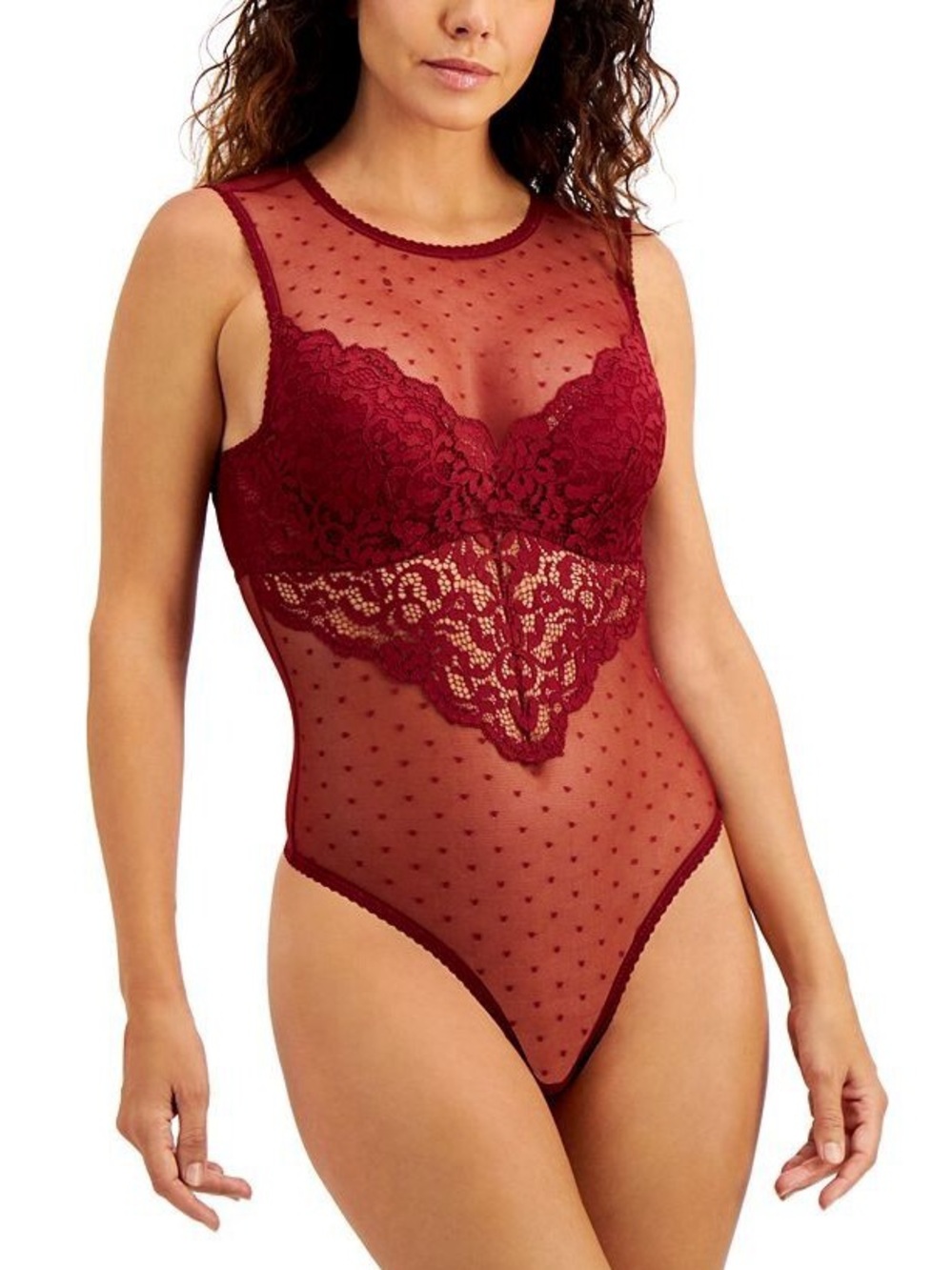INC International Concepts Sz XL Cupped Swiss Dot Thong Bodysuit Cherry